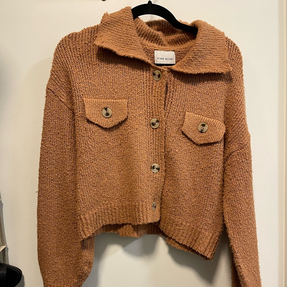 Pink Rose Cropped Button Cardigan Sweater